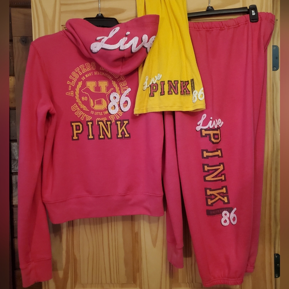 Pink Victoria's Secret Hoodie Sweatshirt Sweatpants Tank Top Set LARGE RARE
